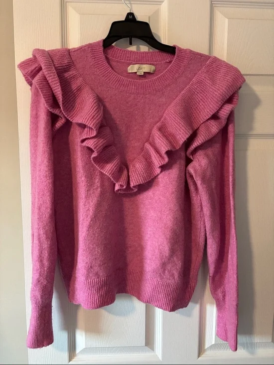 LOFT Raspberry Pink Ruffle-Trim Crewneck Sweater - Picture 1 of 3